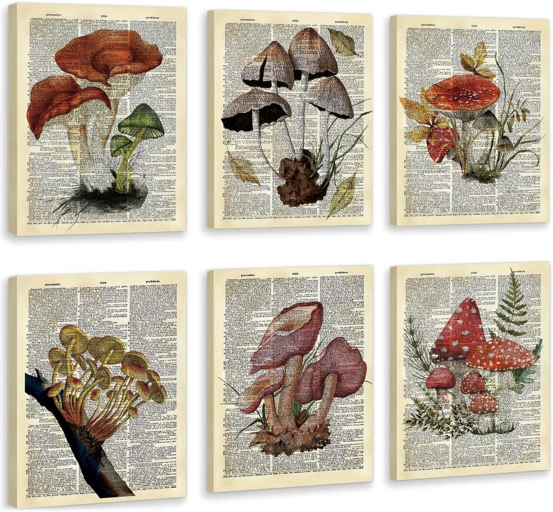 CHDITB Mushroom Wall Art, Mushrooms Dictionary Framed Canvas Wall Art Set, Nature Mushroom Wall Decor, Vintage Fungus Wall Painting, Retro Aesthetic Art Prints For Living Room Bedroom Decor(8X10 Inch) (Beige)