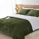 Seward Park Olive Green Sherpa Comforter Set King Size, All Season Soft Warm Fleece Fall Blanket, Winter Bedding Sets with 2 Pillow Shams