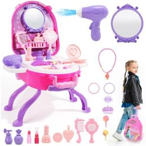 Plintone 4-in-1 Girls Vanity Set, 40 PCS Princess Pretend Makeup Vanity, Kid Vanity with Fashion Accessories, Role Play Makeup Toy for Girls Age 3 4 5, Birthday