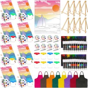 Cholemy 8 Set Paint and Sip Kit for Adults 8'' x 10'' Pre Drawn Canvas with Wooden Easels Acrylic Paint Brushes Wash Cup Palette Apron for Painting DIY Date Night Party Supplies(Landscape)