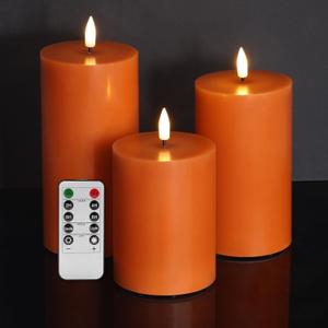 Burnt Orange Flameless Pillar Candles with Remote, Fall Thanksgiving LED Candles, Flickering Real Wax Battery Operated Candles Set of 3