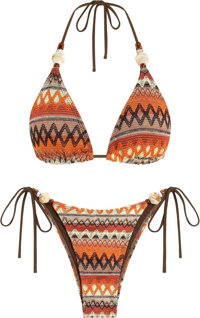 ZAFUL Women's Bikini Sets Beads Triangle Swimsuits 2 Piece String High Cut Cheeky Bathing Suits, S
