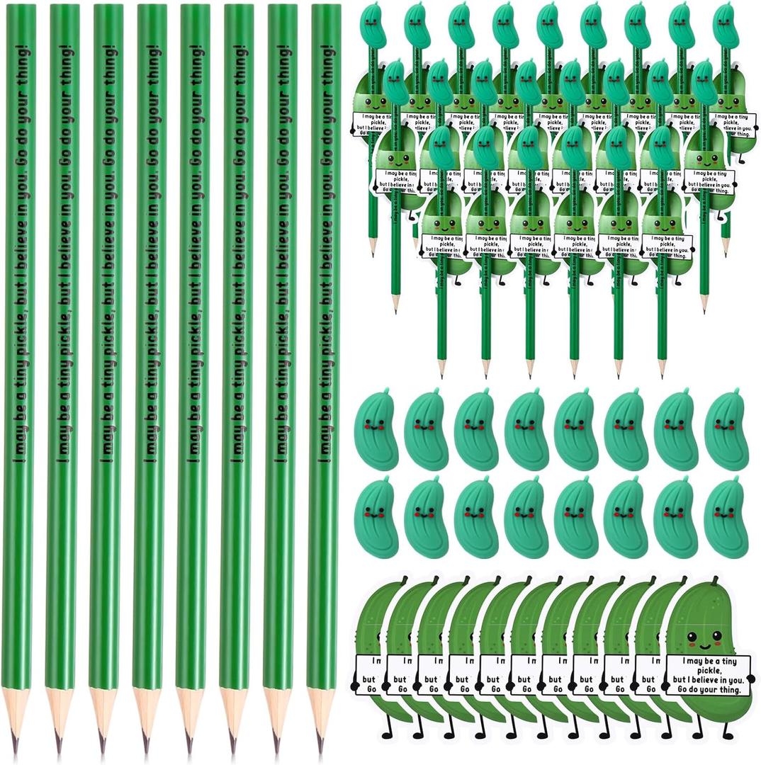 Jetec 30 Set Positive Emotional Gifts Bulk, Funny Pencils Inspirational Employee Gifts for Valentines Party Favors, Pickle Pencils with Erasers, Affirmation Cards for Office Teacher, Coworker Staff