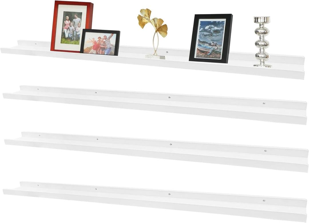 Picture Ledge Shelf,57" Long Floating Shelves with Lip Set of 4,Rustic Photo Frames Shelves Vinyl Record Book Storage Display for Living Room Kids Nursery Bedroom Kitchen Bathroom(White)