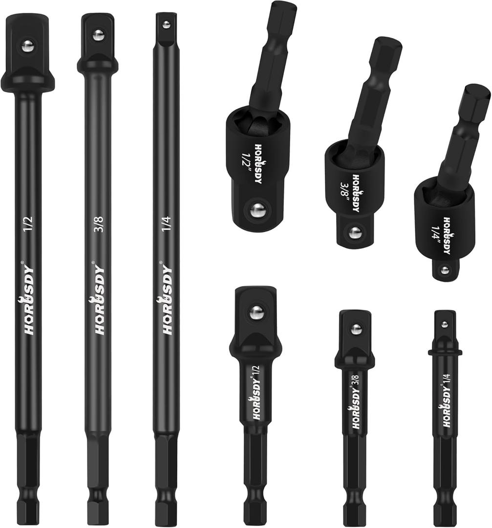 HORUSDY Impact Drill Socket Adapter Set and Universal Joints Socket Set 9-Piece 1/4" 3/8" and 1/2" Driver Socket Adapter, Power Drill