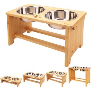 HTB Elevated Dog Bowls,Raised Dog Bowl Stand with 2 Stainless Steel Bowls,Elevated Raised Dog Bowls for Large Medium Small Sized Dogs (large-10"tall,48 Oz bowl, Bamboo)