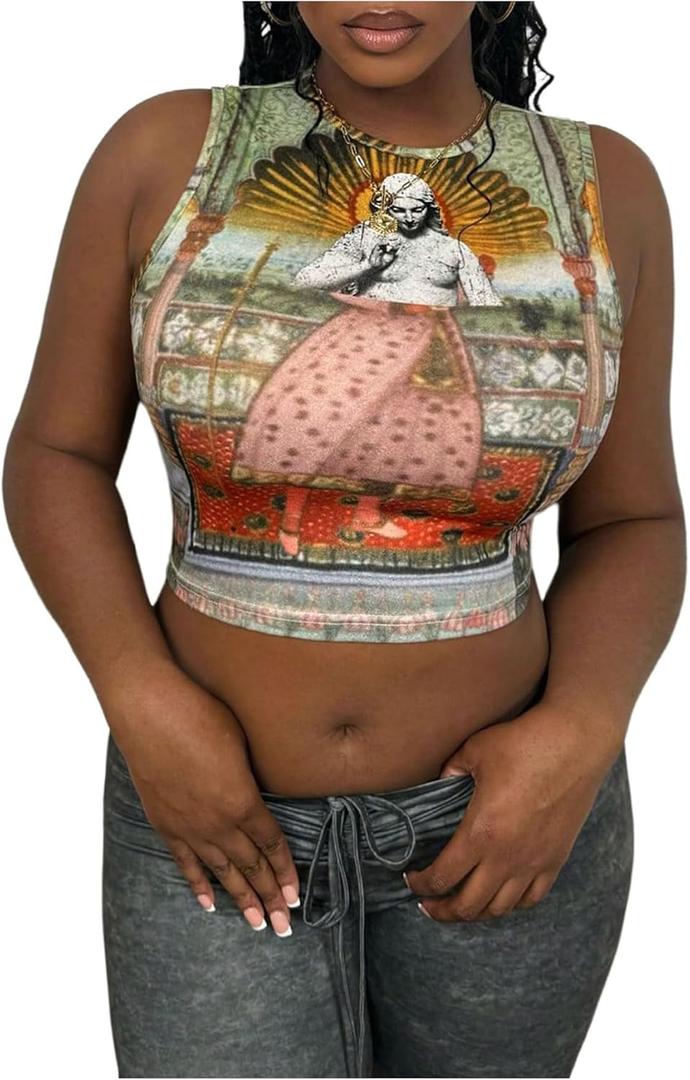 Women's Sculpture Graphic Y2k Cropped Tank Tops Crewneck Sleeveless Slim Shirts (Large, Green Multicolor)