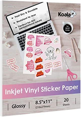 Koala Printable Vinyl Sticker Paper for Inkjet Printers - 20 Sheets Glossy White Water-Resistant Adhesive Label Paper - 8.5x11 Inch, Tear-Resistant, Removable