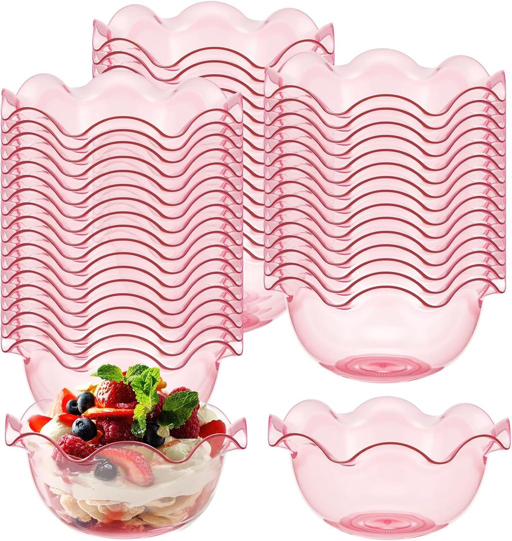 Newtay 50pcs 6oz Small Plastic Dessert Bowls Ice Cream Bowls Reusable Flower Shaped Party Serving Elegant Buffet Serving Cups for Nuts, Salad, Fruit, Snacks and Yogurt (Pink)