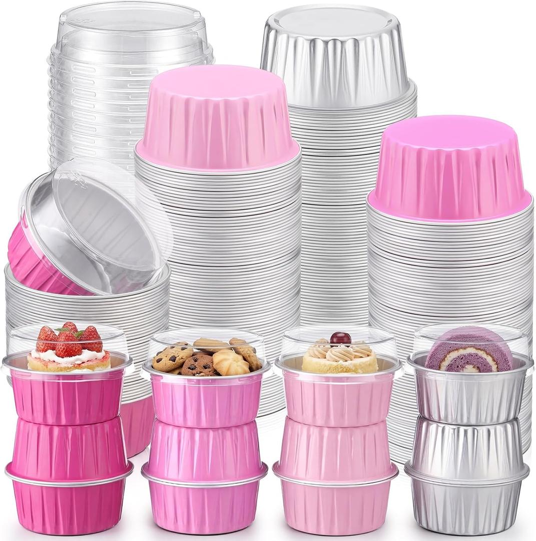 150 Pack 5 oz Cupcake Pans with Dome Lid Aluminum Disposable Foil Baking Cup with Lids Cupcake Liner Container for Valentine Wedding Birthday Party Muffins Cheesecakes Creme Desserts