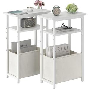 sthmec Narrow Side Table Set of 2, Skinny End Tables with Fabric Basket, Small Side Tables for Small Space,2-Tier Open Shelves with Basket, Slim Nightstands Set 2 for Bedroom,Livinroom,Office,White