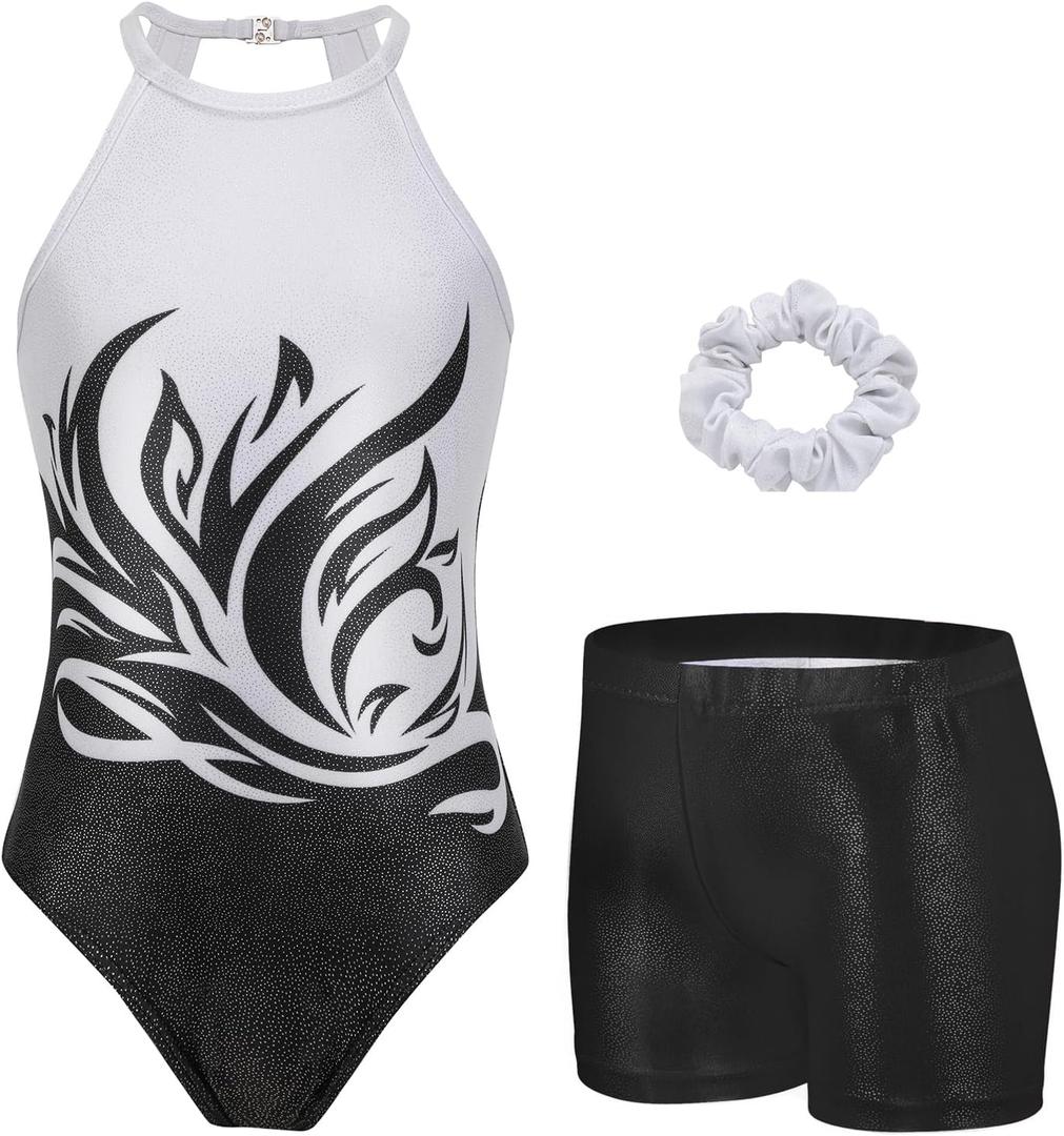 Zaclotre Girls Dance Leotards Sparkly Sleeveless Gymnastics Outfit with Shorts Activewear Leotard Black Flame 6-7Y