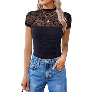 Avidlove Women's Short Sleeve Bodysuit Turtle Neck Body Suits Mesh One Piece Leotard Going Out Tops Date Outfits, size small