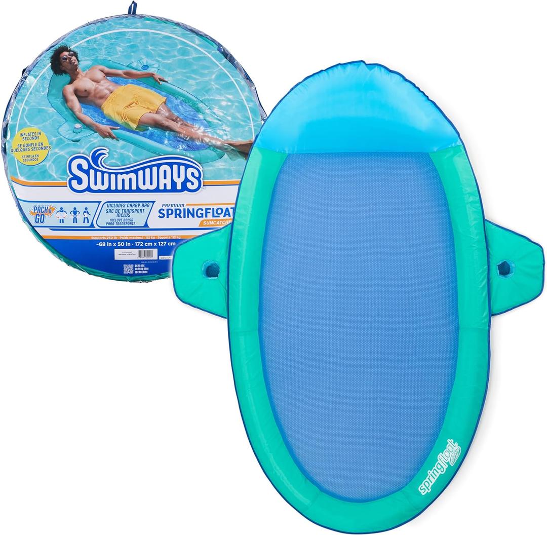 SwimWays Spring Float Premium Suncatcher Pool Lounger for Swimming Pool, Inflatable Pool Floats Adult with Fast Inflation for Ages 15 & Up, Aqua 