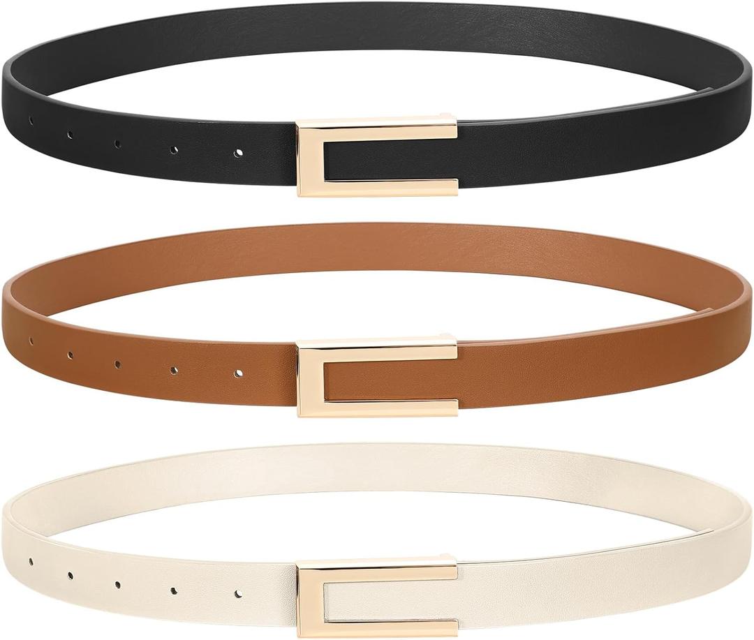 SUOSDEY 3 Pack Skinny Leather Belts for Women Jeans Belt for Dress with Alloy Buckle (Suitable for Waist Size 27-32", 1-Black+Brown+Beige)