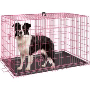 FDW Dog Crate for Medium Dogs 36 Inch Folding Metal WirePet Cage Double Door W/Divider Panel Indoor Outdoor Kennel Leak-Proof Plastic Tray,Pink (36.0"L x 22.0"W x 24.0"H)