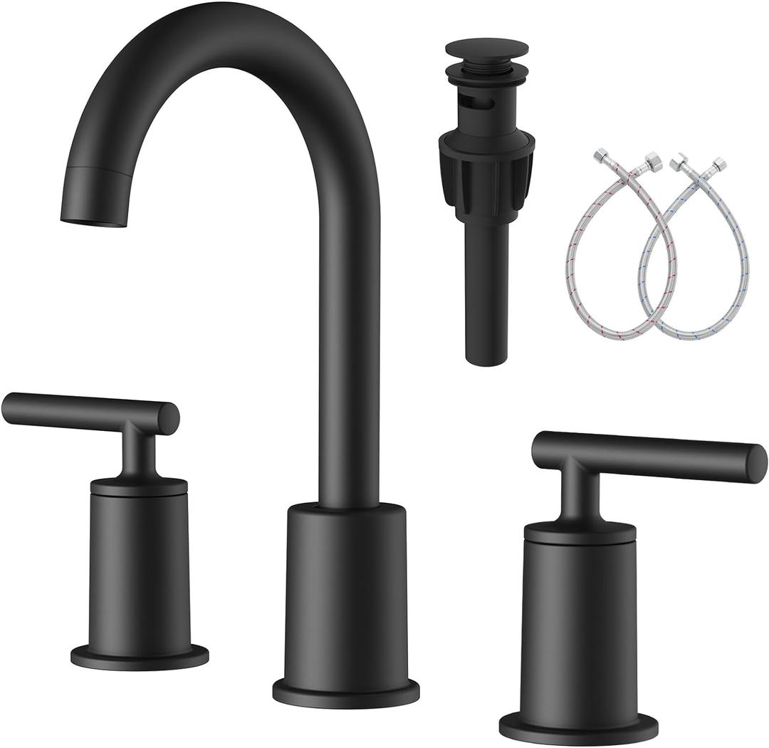 VXV 3 Hole Bathroom Faucet Matte Black, Widespread 8 inch Bath Sink Faucets with 360 Swivel Spout, 2 Handle Vanity Faucets with Pop Up Drain & Water Supply Lines, Easy Installation (MB)