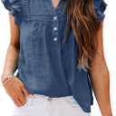 Women's V Neck Lace Crochet Shirts Button Down Short Sleeve Casual Blouse Tops (Blue, L)
