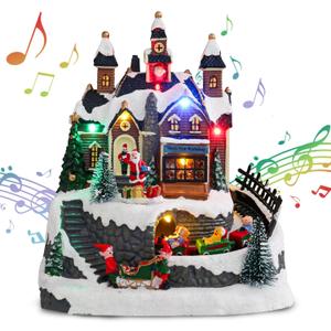 Bshine Christmas Village Houses Musical Christmas Village Building with Santa Claus&Moving Train Battery Operate Polyresin Figurines with LED Lights for Indoor Christmas Decor