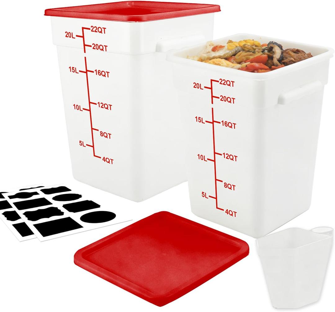 2 Pack Square Food Storage Container With Lid,12-22 Quart Commercial Storage Box With Scale & Handle,Cake Making,Dough Marinating Meat,Kitchen Supplies (Polypropylene, 22 Quart)