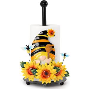 Qmetalart Sunflower Gnome Paper Towel Holder, Gnome Honey Bees Kitchen Bathroom Decor Modern Accessories Metal Farmhouse Large Paper Towel Stand for Countertops Swedish Gnome Lover Gifts (Yellow)