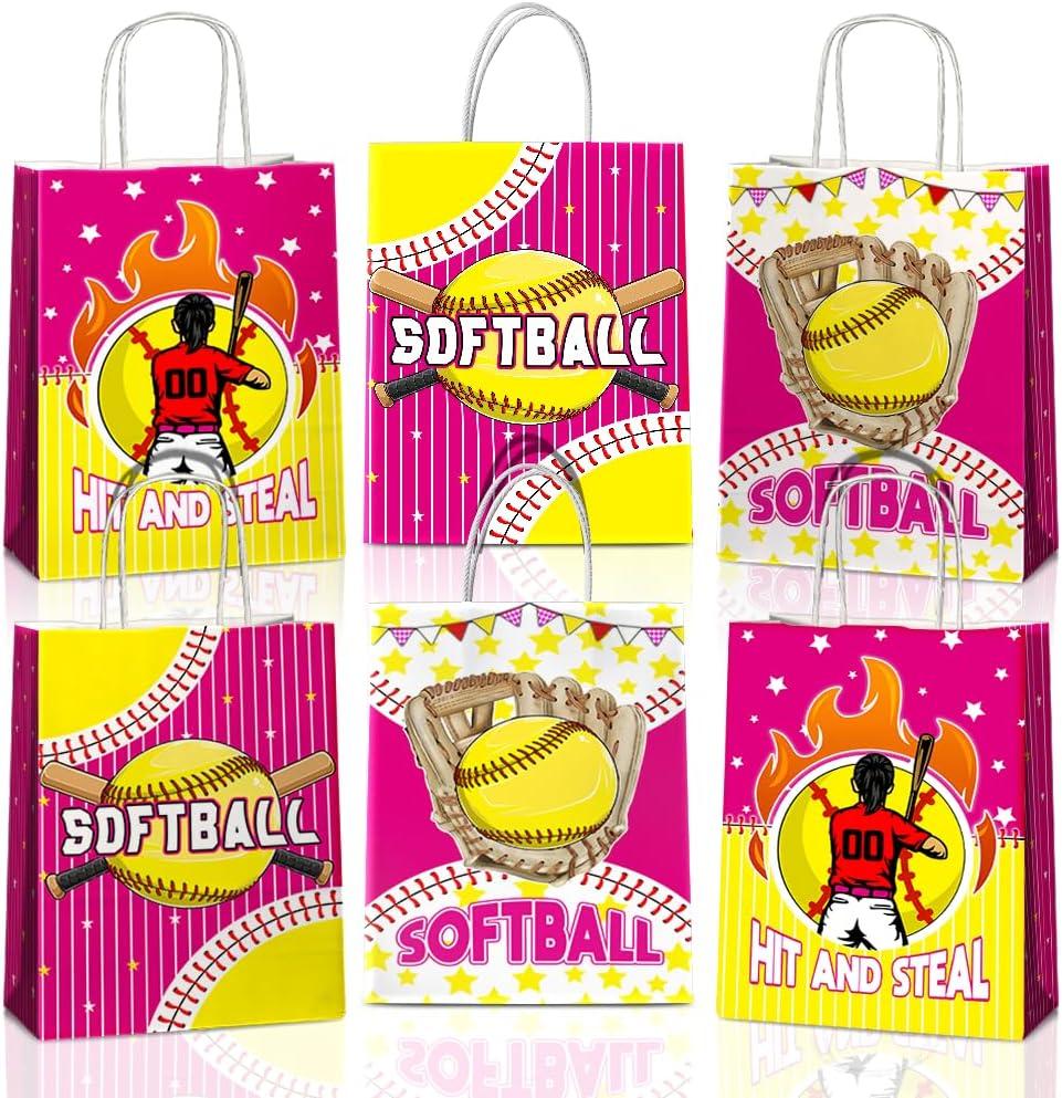 JOYGATHER 24 Pcs Softball Party Favors Bags with Handles, Softball Goodie Gift Candy Treat Snack Paper Bags with 3 Different Types for Birthday Party Supplies Baby Shower Decorations