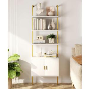 Yusong 73" Tall Bookshelf with Cabinet, Industrial Ladder Wall Mount Shelf Bookcase with Wood and Metal Frame, Plant Shelf Wall Storage Display for Living Room Bedroom, White Gold