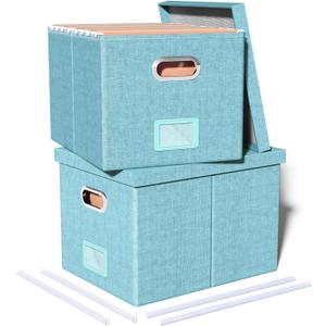 2 Pack File Storage Organizer - Portable Filing Box with Lid, Fits Letter/Legal File Folders, Light-blue