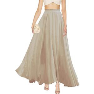 v28 Women Full/Ankle Length Elastic Pleated Retro Maxi Chiffon Long Skirt (XX-Large, Light-coco)