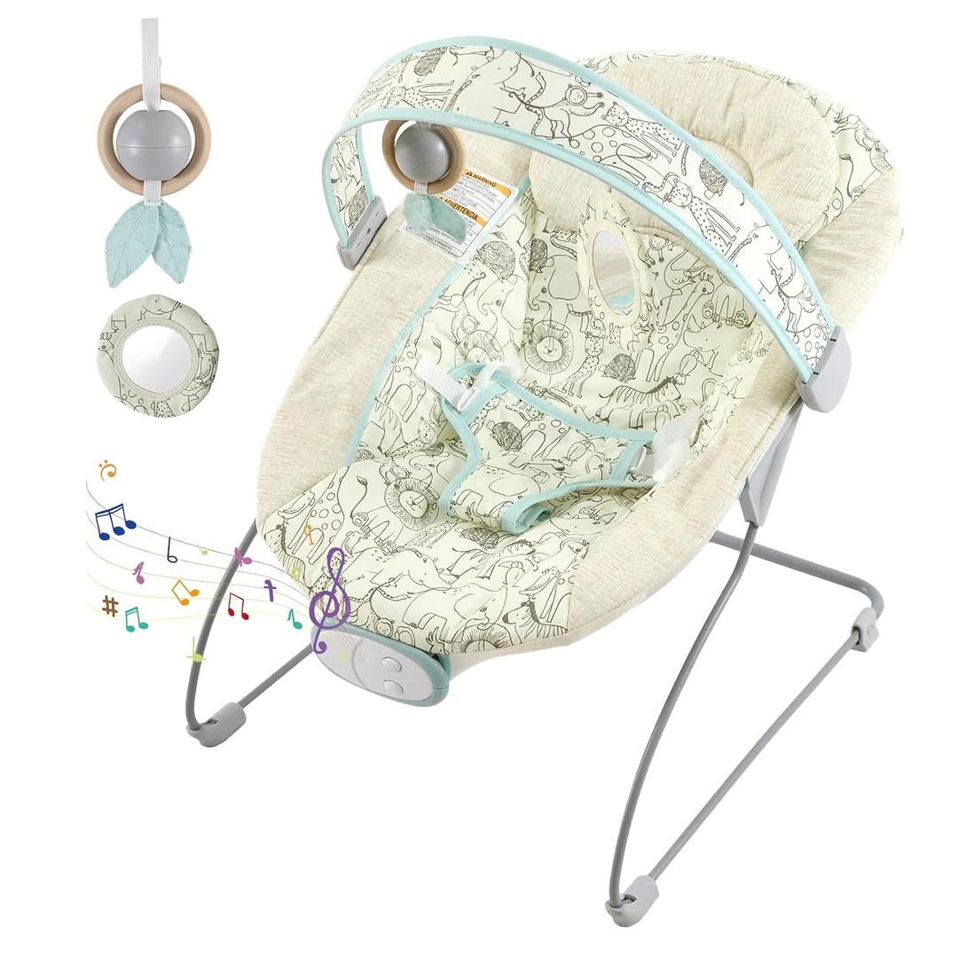 Portable Baby Bouncer Seat with 8 Melodies, 3 Vibration Levels & Adjustable Volume, Foldable Infant Bouncer Rocker with Safety Harness for Baby 0-6 Months, Indoor & Outdoor Use BR2404
