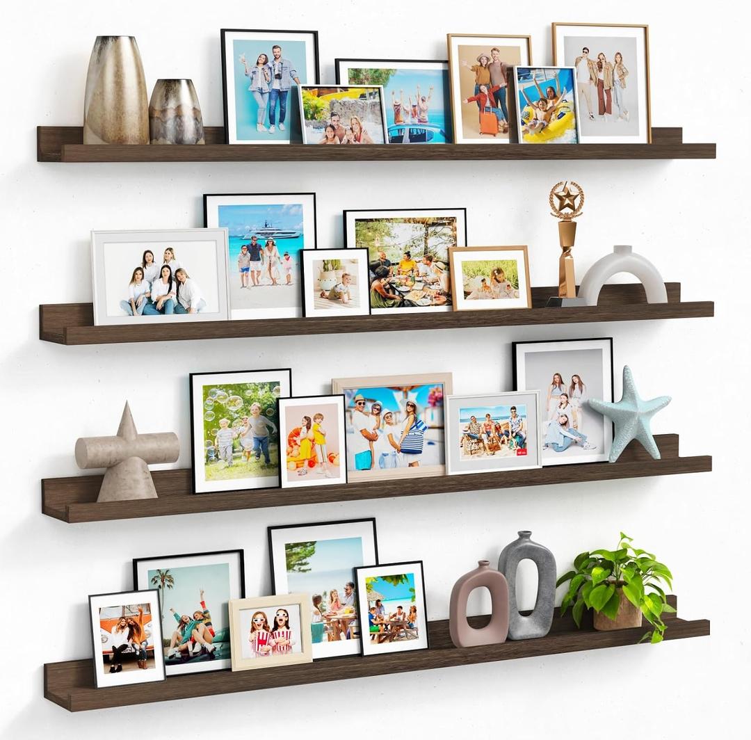 Forbena Wood Picture Ledge Shelf for Wall 4-Pack, 48 Inch Long Rustic Floating Shelves with Lip for Classroom Library, Farmhouse Wooden Wall Ledge for Photo Frames Books (Dark Brown)