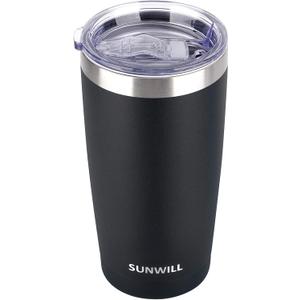 SUNWILL Travel Coffee Tumbler 20 oz, Insulated Mug with Lid, Stainless Steel Cup for Outdoor, Powder Coated Black