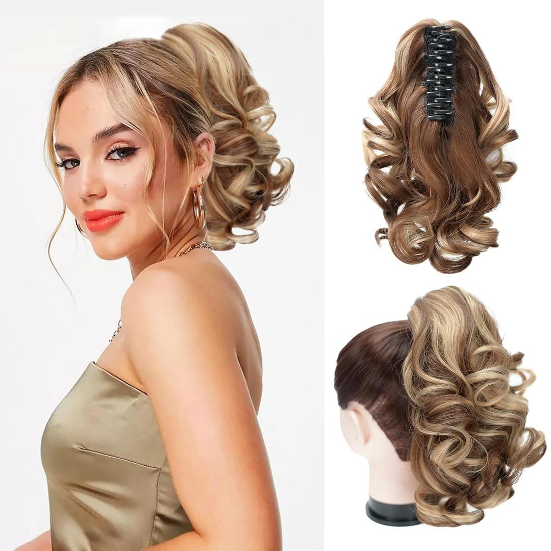 Short Ponytail Extension Claw Clip in Hair Extensions for Women 10 Inch Loose Curly Ponytails Synthetic Updo Hair Pieces for Kids Girls (Light Brown mix Blonde)