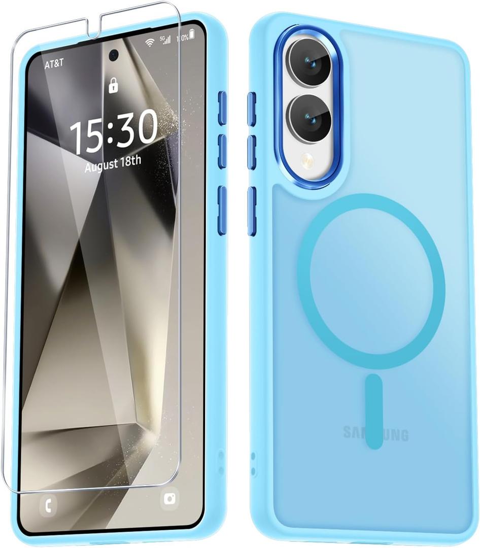 for Samsung Galaxy S25 Edge Case, Matte Magnetic Phone Case with 1 Screen Protector, Support for Magsafe, Translucent Frosted Shockproof Protective Cover for Samsung Galaxy S25 Edge, Light Blue