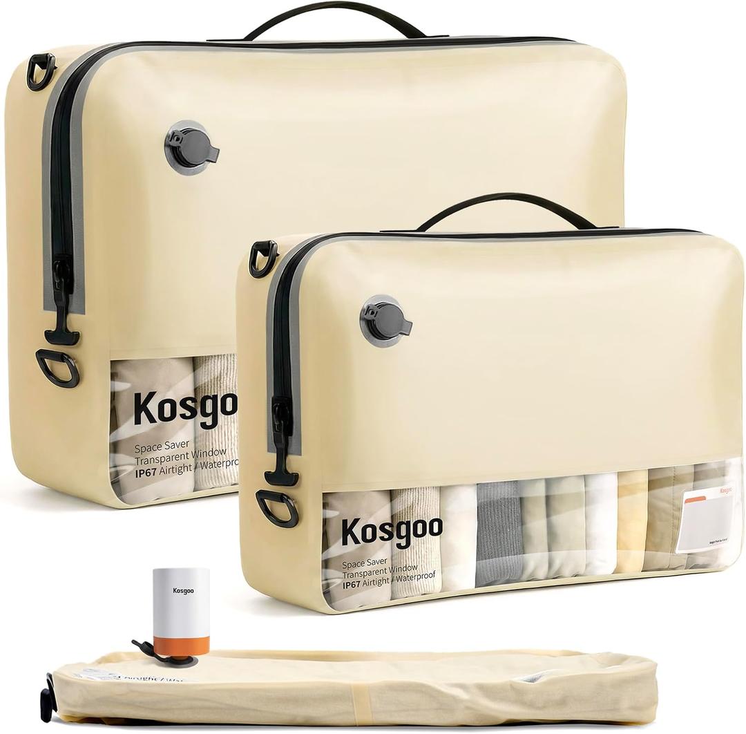 Travel Vacuum Bags with Pump, Reusable Vacuum Compression Bags for Travel, IP67 Waterproof Odor & Tear-Proof Nylon, Pack Vacuum Kit for Luggage Suitcase, TSA-Ready Travel Essentials (2 Pack, Beige), Medium+Large