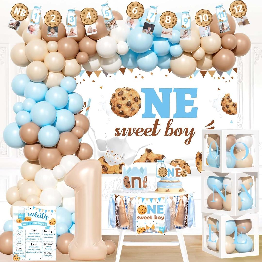 Milk and Cookies 1st Birthday Party Decorations, 1st Birthday Decorations Boy, One Sweet First Party Supplies Backdrop Balloon Banner Cake Topper Crown Boxes Poster for One Year Old Boy