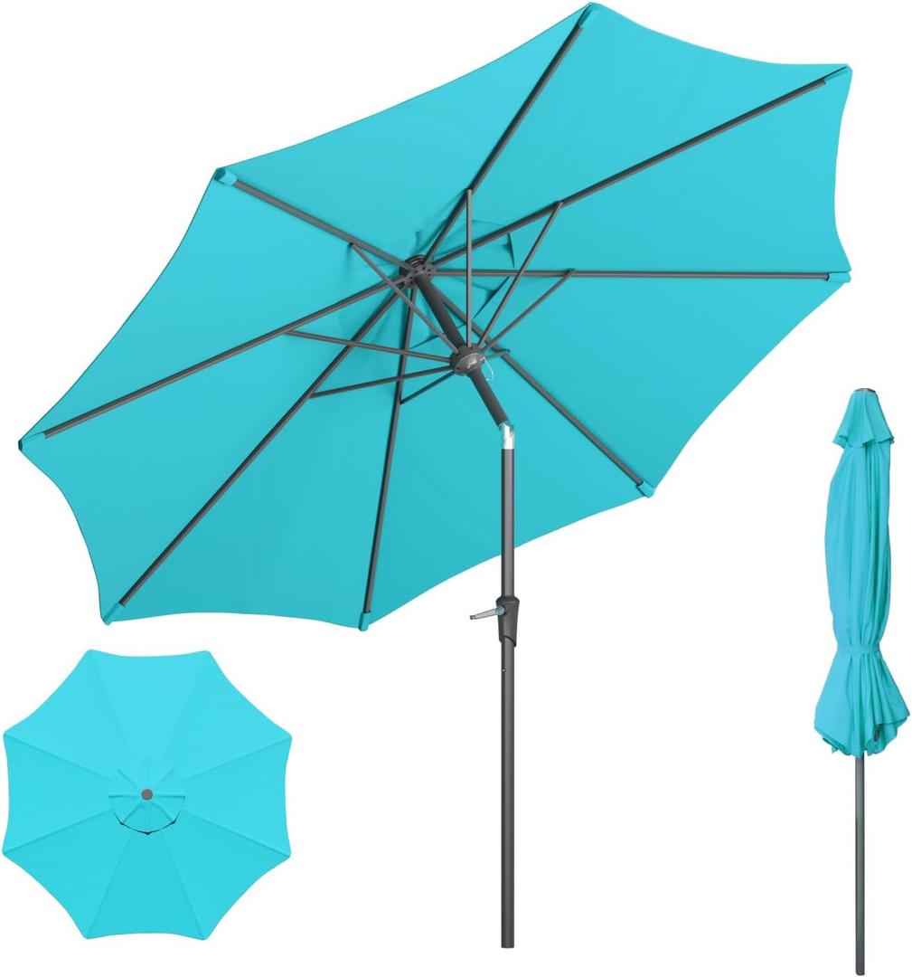 Outdoor Patio Umbrella with One Push Button Tilt and Crank, 8 Sturdy Ribs Market Table Umbrella, Turquoise-Fiberglass Ribs