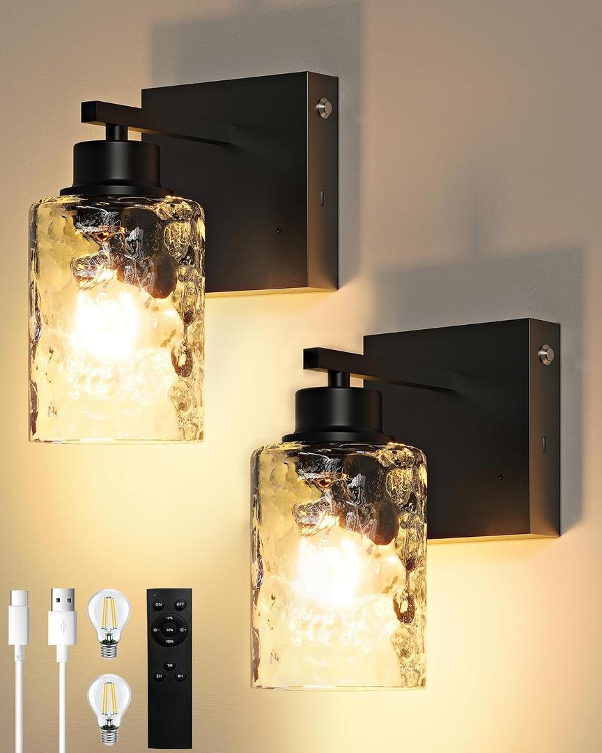 Rayogale Battery Operated Wall Sconce Set of 2, Black Wireless Wall Lights with Timer Function, Easy Install Dimmable Rechargeable Wall Lamps for Living Room, Bedroom, Hallway, Entryway Decor 3000K