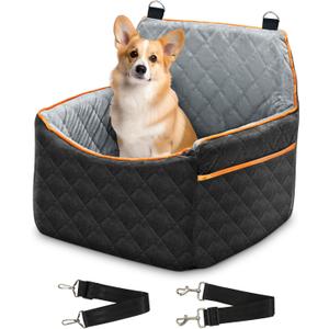 Dog Car Seat with Removable Thick Cushion, Detachable Washable Dog Booster Seat with Storage Pocket and Safety Belt (Black and Grey)