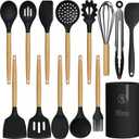 Silicone Cooking Utensils Set Utensil Sets - 446F Heat Resistant Silicone Kitchen Utensils Set Wooden Handles, Silicone Utensils for Cooking w Holder for Non-Stick Cookware BPA FREE (Black)