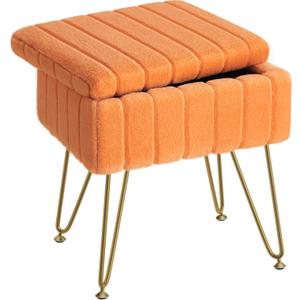 Greenstell Vanity Stool Chair Faux Fur with Storage, 15.7"L x 11.8"W x 19.4"H Soft Ottoman 4 Metal Legs with Anti-Slip Feet, Furry Padded Seat, Modern Multifunctional Chairs for Makeup, Bedroom,Orange