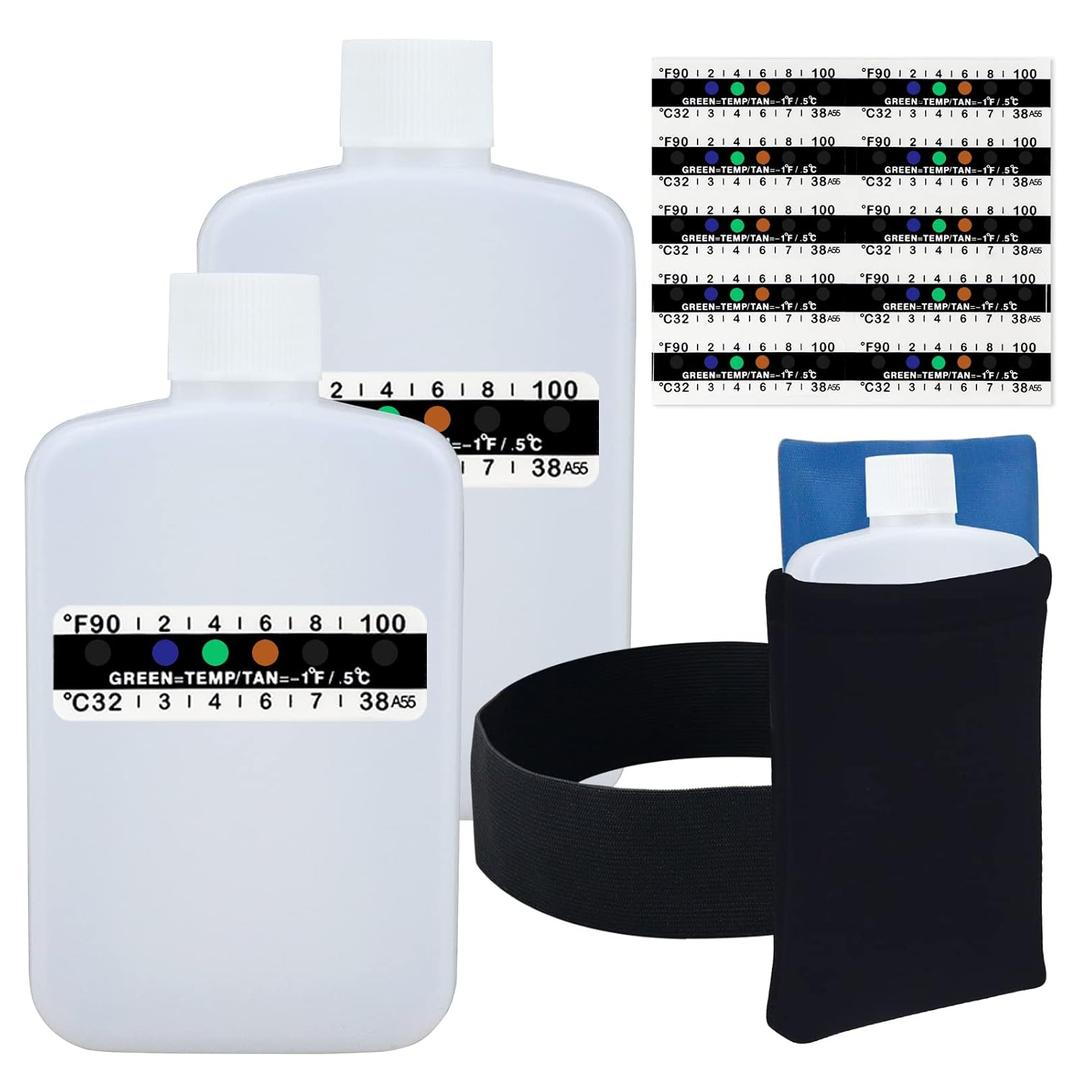 14 Pcs Urine Test Complete Kit Includes 2 White Portable Empty Bottles, Thermal Preservation Gel Bag, 10 Adhesive Temperature Test Strips, Neoprene Bag and Hi-Stretch Hidden Leg Straps, Urine Bottle