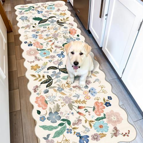 4' x 10",  Washable Hallway Runner Rug: Floral Kitchen Rugs with Non-Slip Backing Vintage Low Pile Entryway Carpet for Living Room Bedroom Ultra Soft Water Resisitant Floor Mat for Bathroom Laudry(4' x 10', Cream)