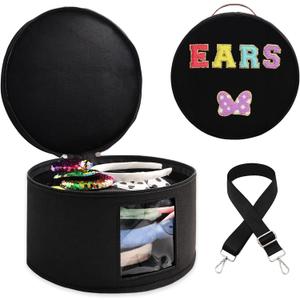 Chenille Letter Bow Mouse Ears Travel Case,Large Round Tiara Tote Storage Box,Headband Ears Display Storage Box with Shoulder Straps for Hairband,Tiara and Hair Accessories Storage Travel Picnic Park, Black Chenille Letters