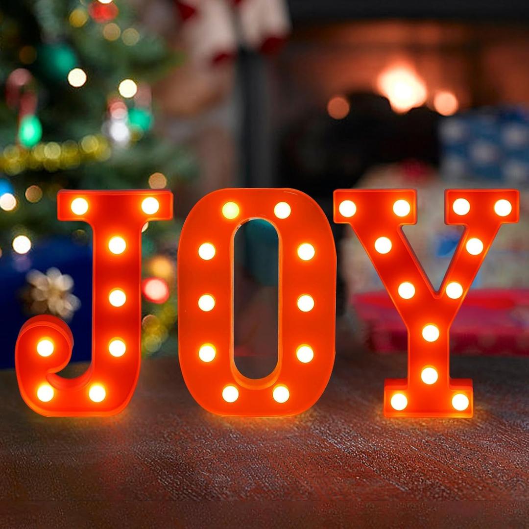 Christmas Table Decorations with LED Lights, Resin Joy Centerpiece for Holiday Party Home Table Decor Christmas Decorations