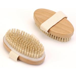2Pcs Natural Bristle Exfoliating Brush, Body Scrubber for Lymphatic Drainage, Blood Circulation, Wet and Dry Brush, Deep Exfoliation for Smooth Skin