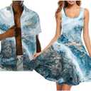 Dreaweet Summer Dresses for Women A-Line Sleeveless Flowy Sun Dresses,Men's Casual Button-Down Shirts,Couple Matching Outfits (Blue, M)