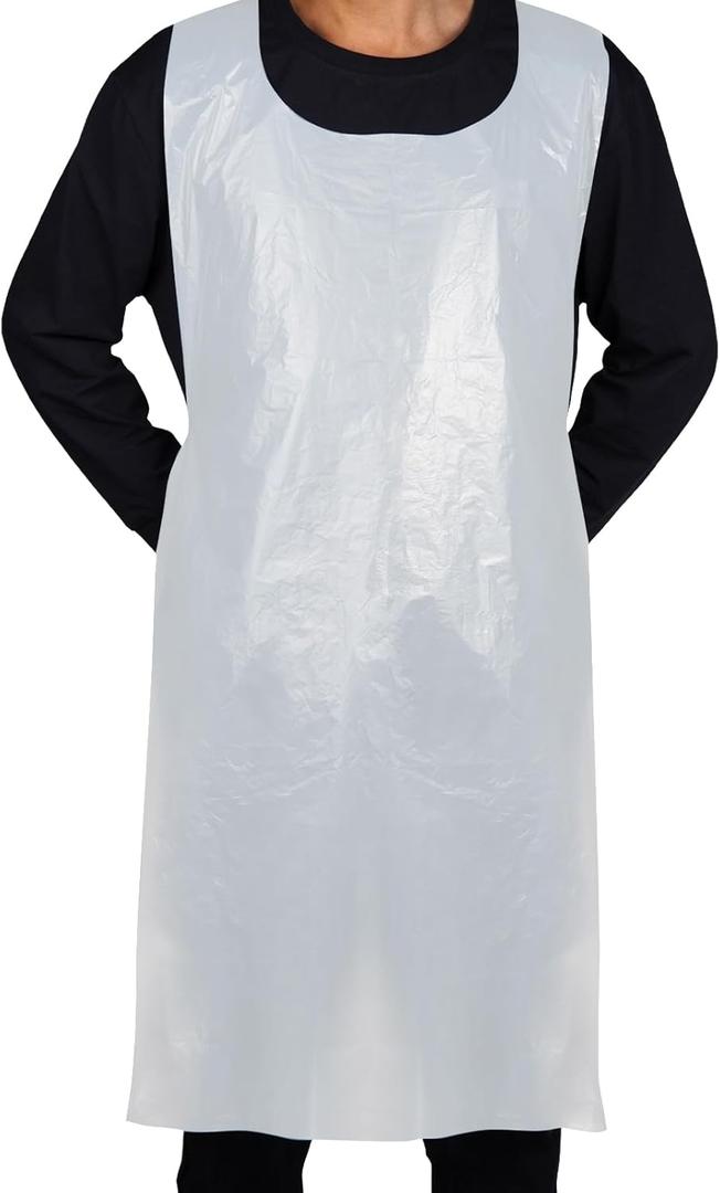 Disposable White Plastic Aprons, 46 inches x 28 inches Waterproof Polyethylene for Cooking Painting Arts n' Crafts