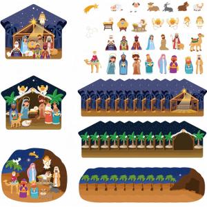 30 Sets Religious Crafts Nativity Stickers for Holy Night Religious Party Jesus Christmas Tree Kids Religious Christmas Jesus Birth Activities Party Supplies with Scene Cardboard and Rope