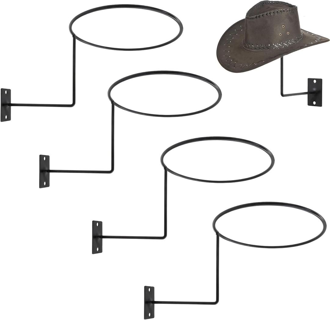 Pack of 4 Metal Hat Holder Wall Mounted Cowboy Hat Rack Hat Hanger for Wall Display, Cowboy Hat Holder Organizer Multifunctional Organizer Display Rack for Cowboy Hat, Cap, Wigs (Black)